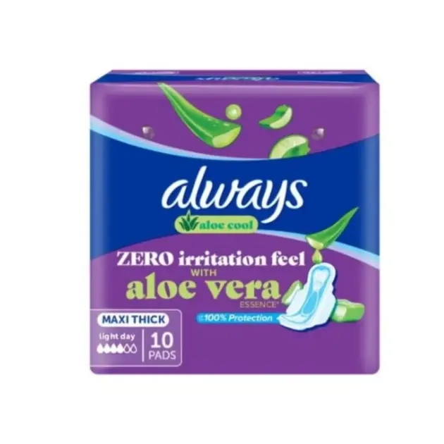 Always Aloe Cool Pads For Light Days, Long Maxi Thick Pads With Wings, 10 Pads
