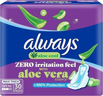 Always Aloe Cool Pads For Light Days, Long Maxi Thick Pads With Wings, 30 Pads